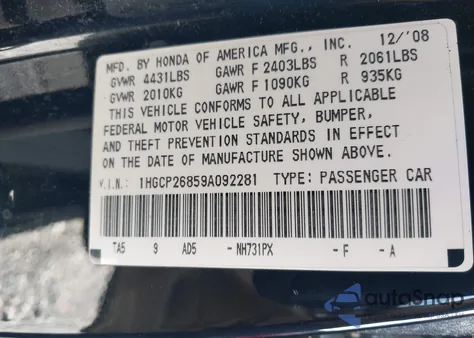 2009 Honda Accord 2.4 Ex-L z USA, uszkodzony, nr VIN 1HGCP26859A092281